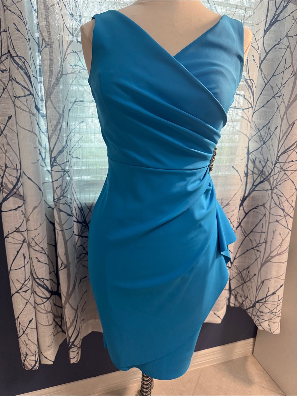 Alex Evenings- Sleeveless Teal Blue Sheath Dress with Draped Waist